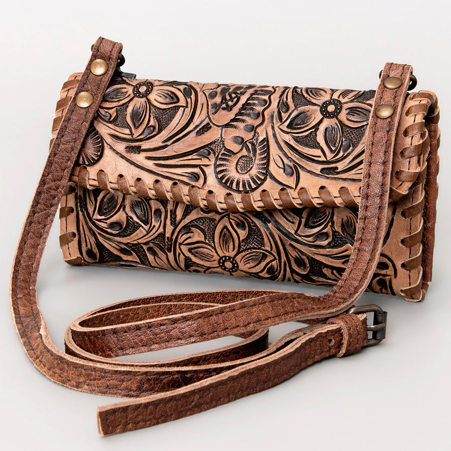 American Darling Hand Tooled Floral Leather Small Cross body Bag with Braided Trim - Uhorse