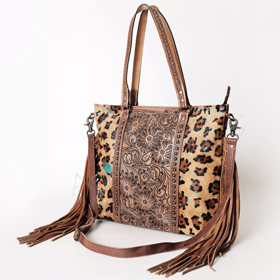 American Darling Tote Bag - Hair-On Cowhide and Hand Tooled Floral Leather with Rivets - Uhorse