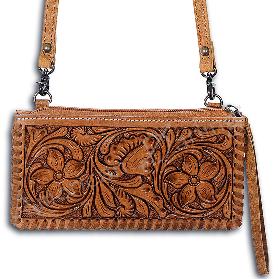 American Darling Hand Tooled Floral Leather Wallet Bag with Braided Trim - Uhorse