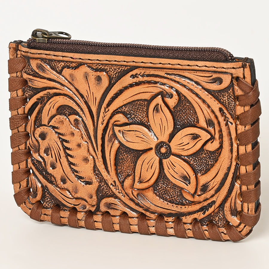 American Darling Hand Tooled Floral Leather Coin Purse Bag with Braided Trim - Uhorse