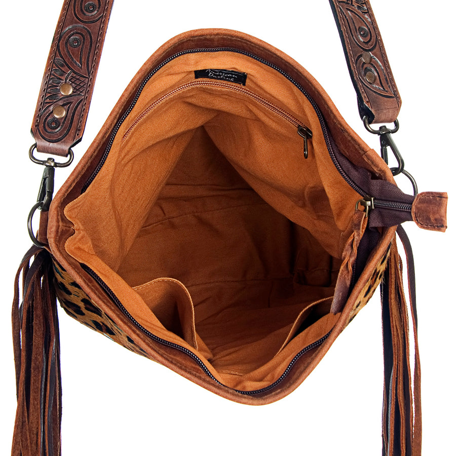 American Darling Large Cross body Bag Hand Tooled Floral Carved Leather Hair-On Cowhide with Fringes