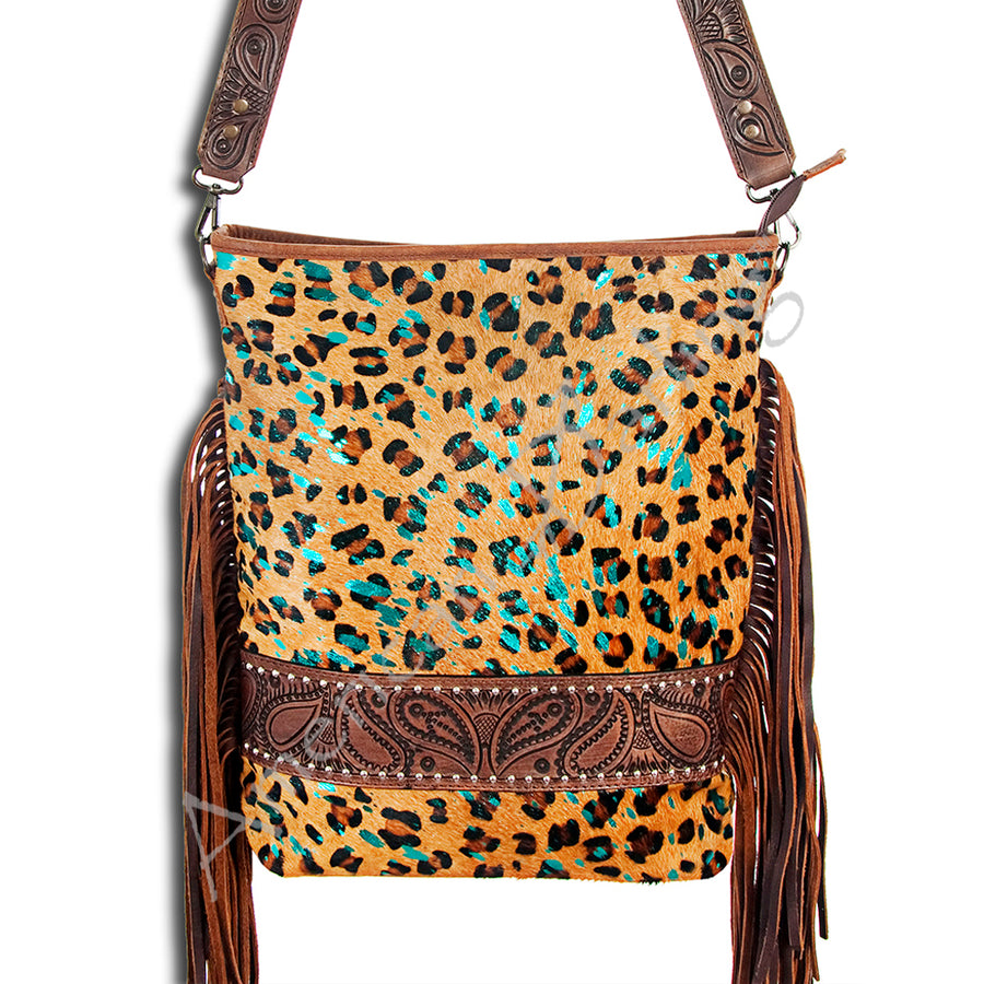 American Darling Large Cross body Bag Hand Tooled Leather Hair-On Cowhide Purse - Uhorse
