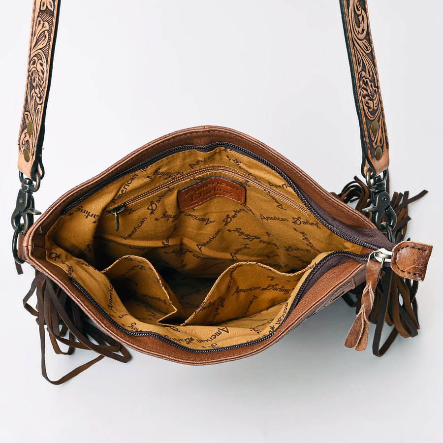 American Darling Large Cross body Bag Hand Tooled Floral Carved Genuine Leather Fringe Crossbody Vegetable Tanned Leather