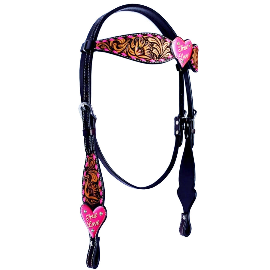 HILASON W. H. Headstall American Leather Floral Pink Heart Tan – by Hilason – Cowboy and equestrian accessories