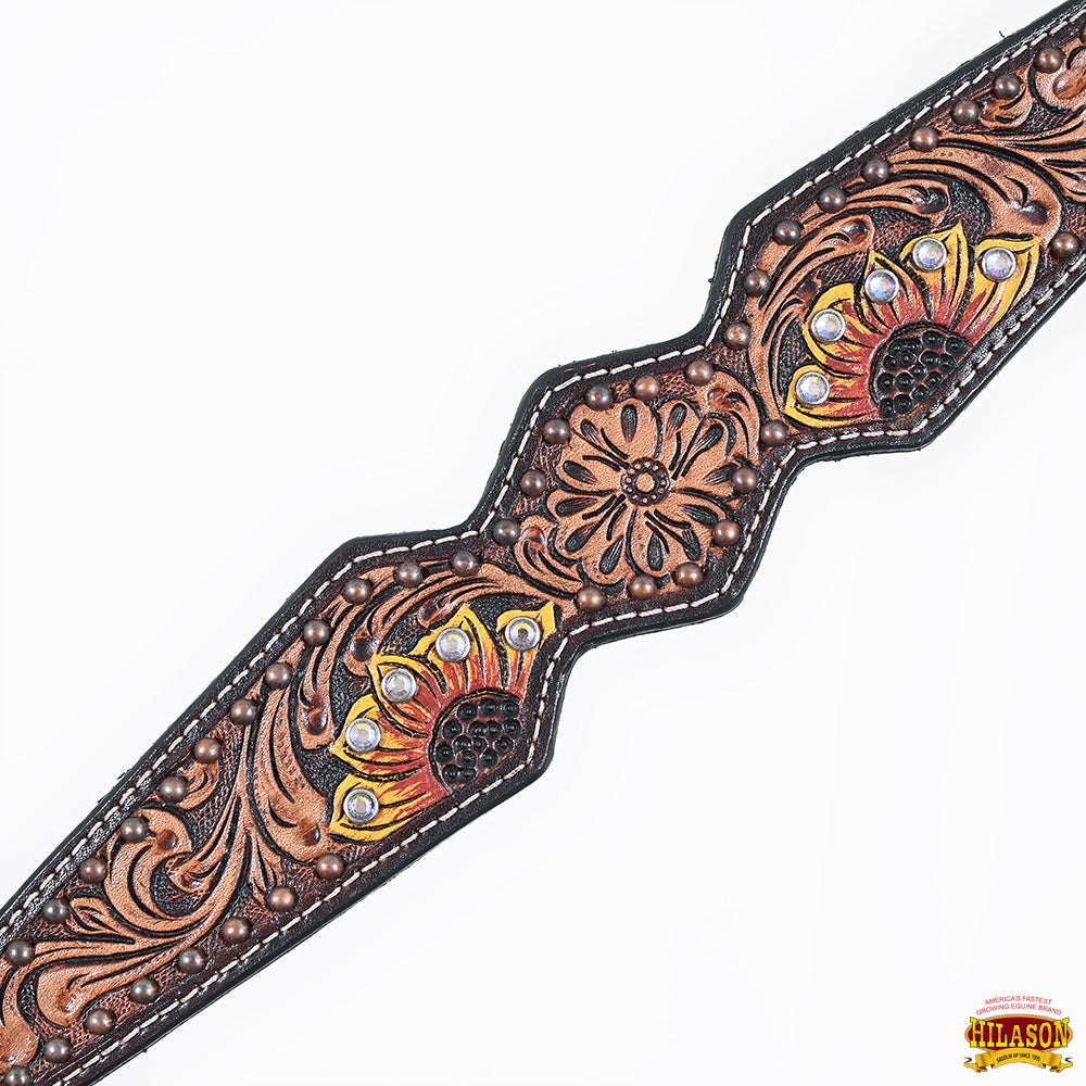 HILASON Western Horse Headstall Breast Collar Set American Leather Tan Dark Brown Sunflower