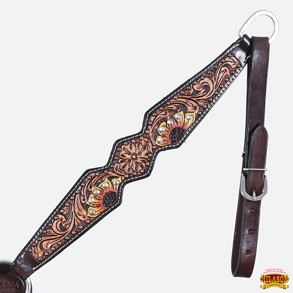 HILASON Western Horse Headstall Breast Collar Set American Leather Tan Dark Brown Sunflower