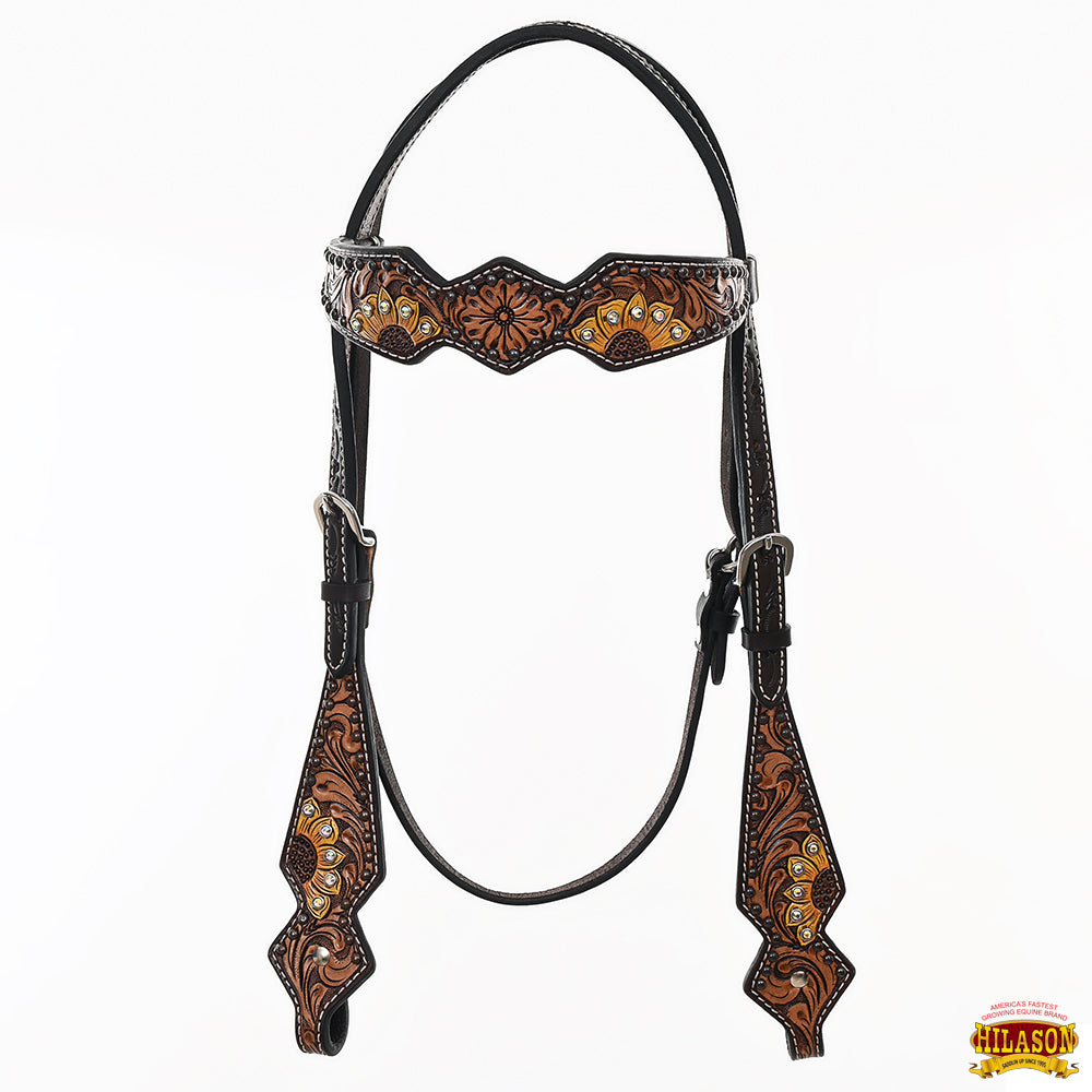 HILASON Western Horse Headstall Breast Collar Set American Leather Tan Dark Brown Sunflower