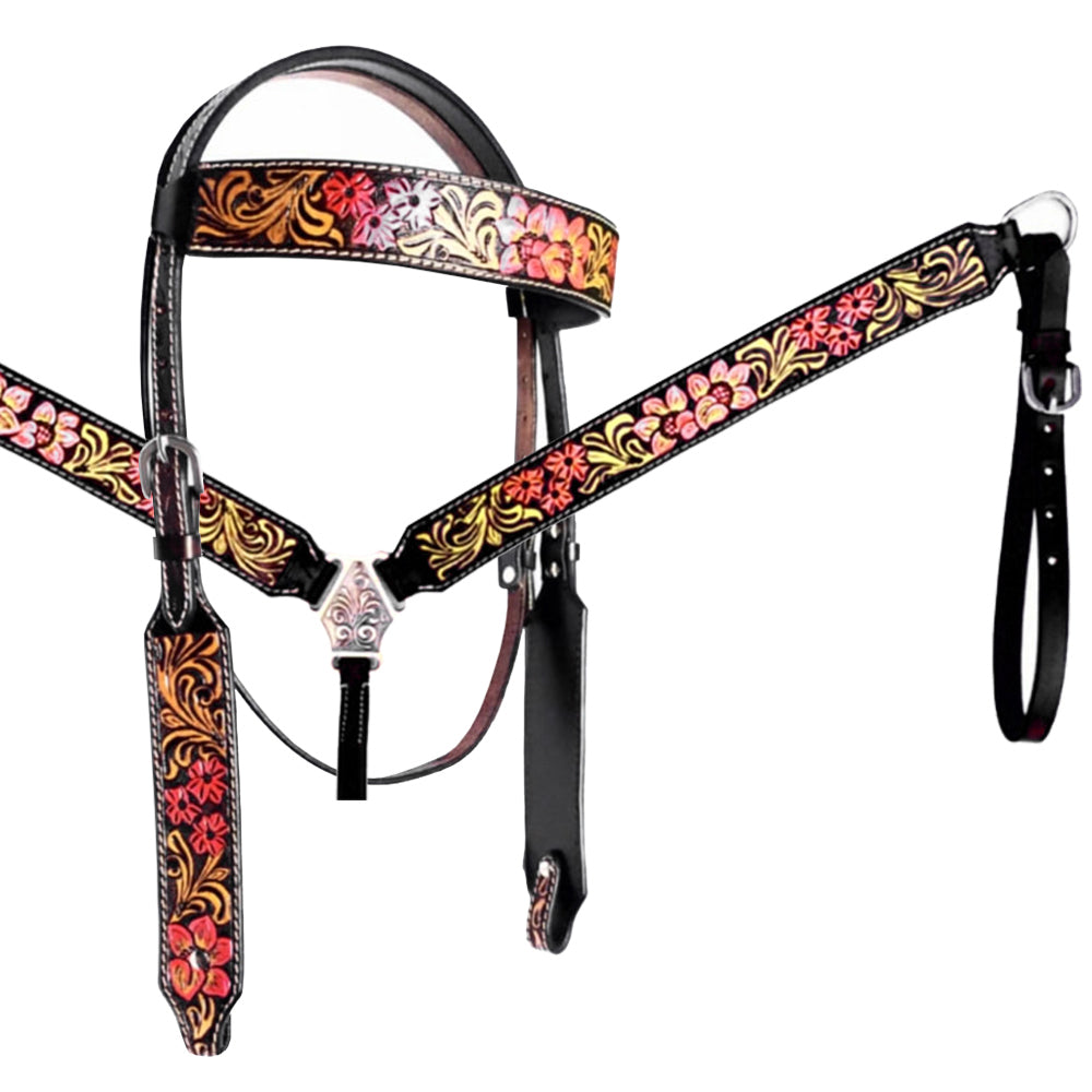 HILASON Western Horse Floral Headstall Breast Collar Set American Leather Brown