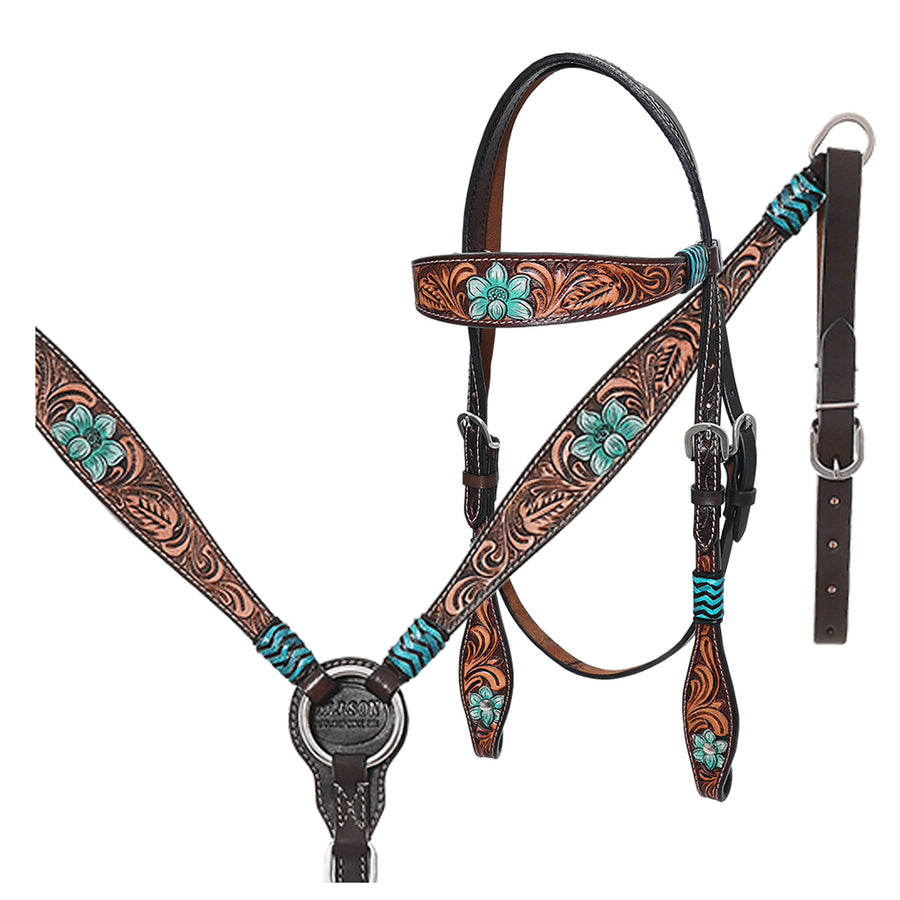 HILASON Western Horse Headstall Breast Collar Set American Leather Floral Tan Dark Brown - Uhorse