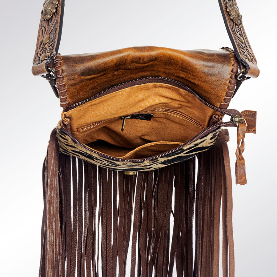 American Darling Cross body Bag Hand Tooled Floral Strap Hair-On Cowhide Leather Purse Fringes with YKK Zipper