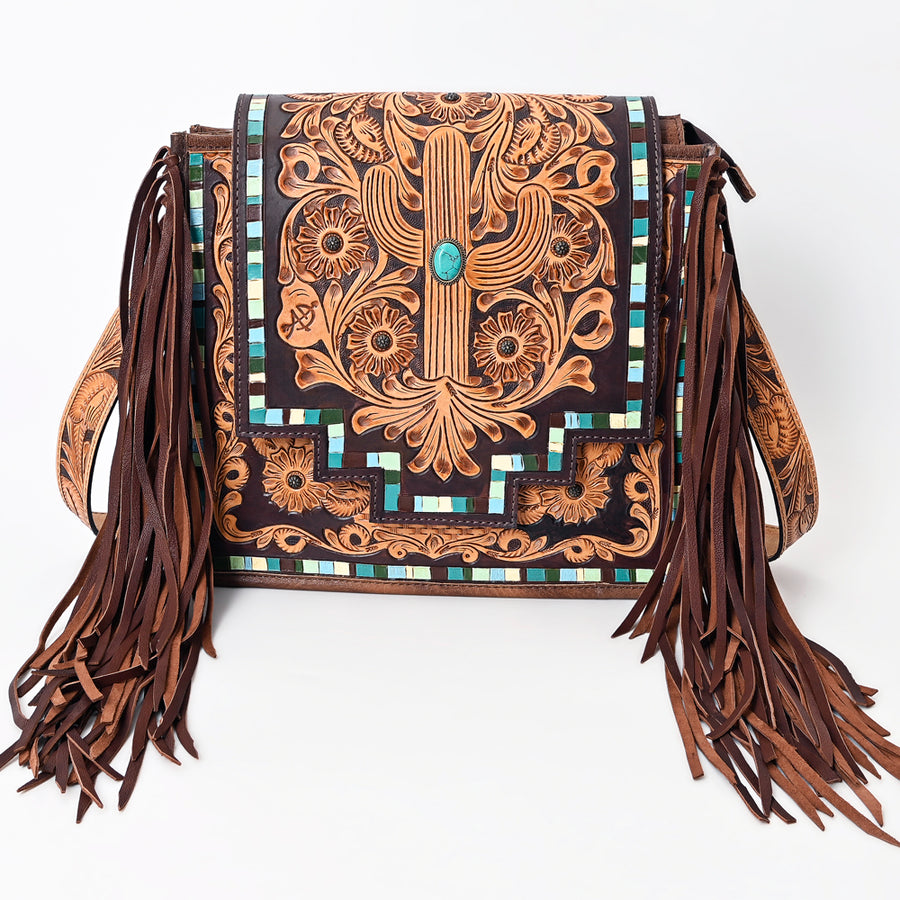 American Darling Messenger Bag Hand Tooled Floral Carved Genuine Leather Western Purse with Fringes and YKK Zipper