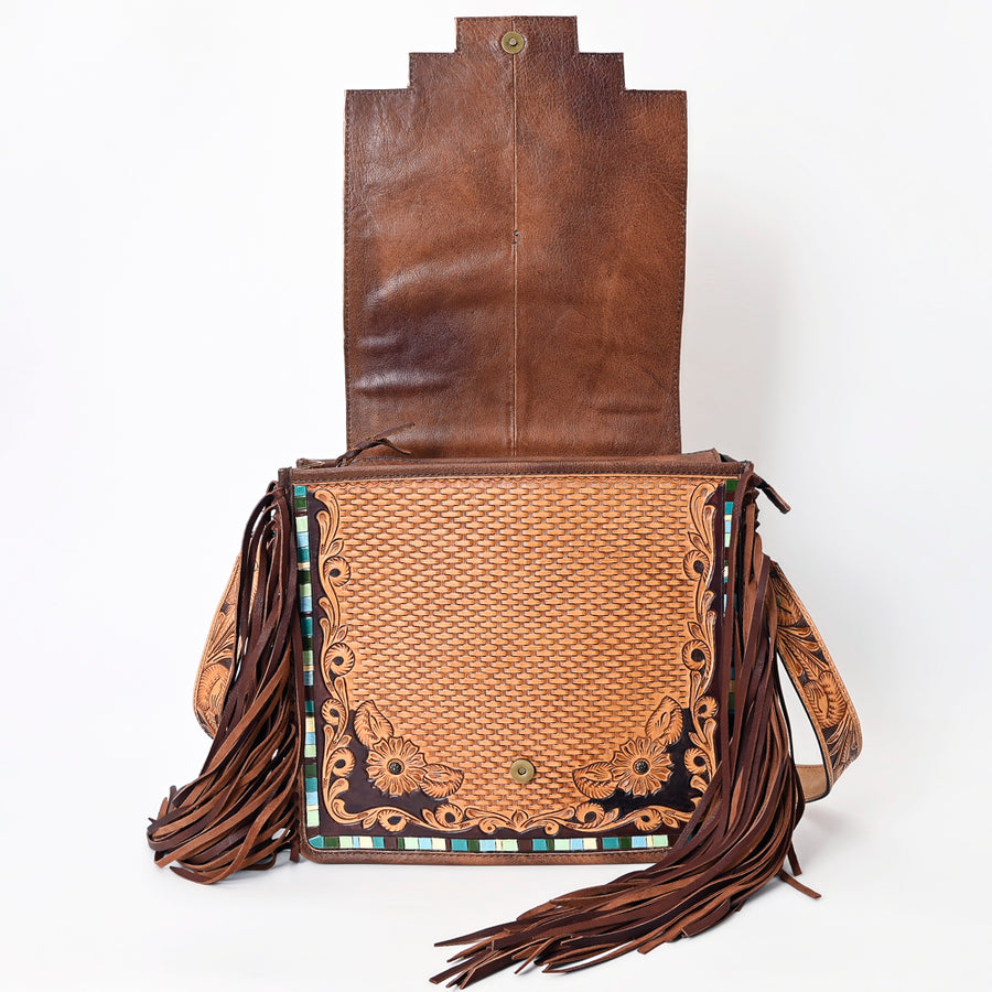 American Darling Messenger Bag Hand Tooled Floral Carved Genuine Leather Western Purse with Fringes and YKK Zipper