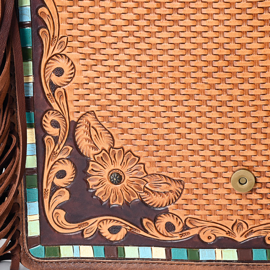 American Darling Messenger Bag Hand Tooled Floral Carved Genuine Leather Western Purse with Fringes and YKK Zipper