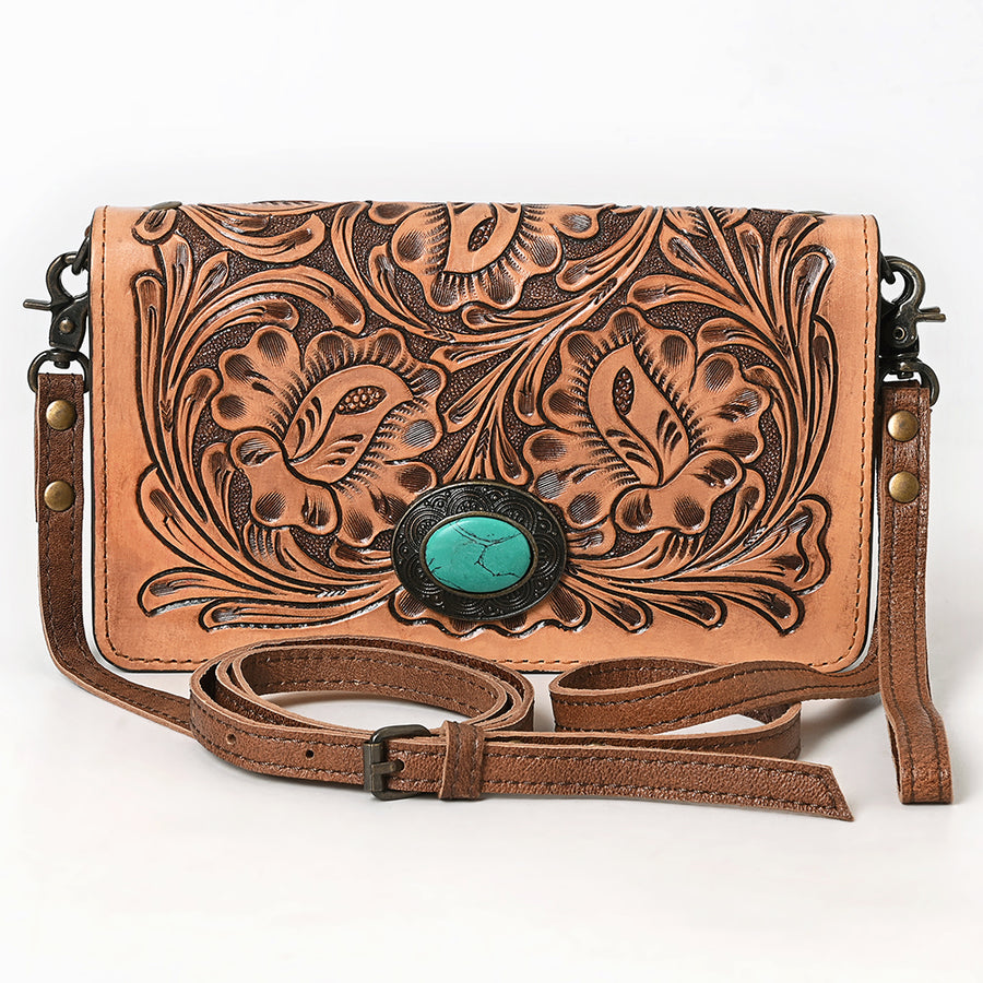 American Darling Organiser Bag Hand Tooled Floral Carved Genuine Leather Western Wallet with Concho and YKK Zipper