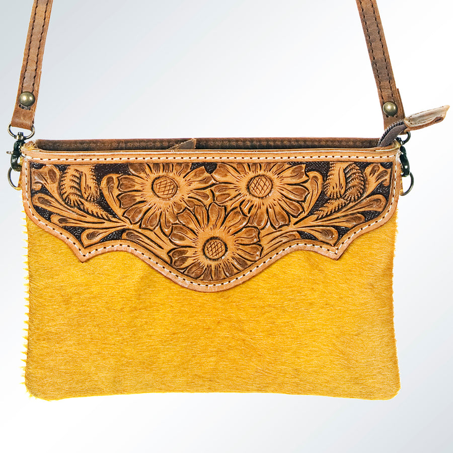 American Darling Wallet Bag Hand Tooled Floral Carved Hair-On Cowhide Genuine Leather Purse with YKK Zipper