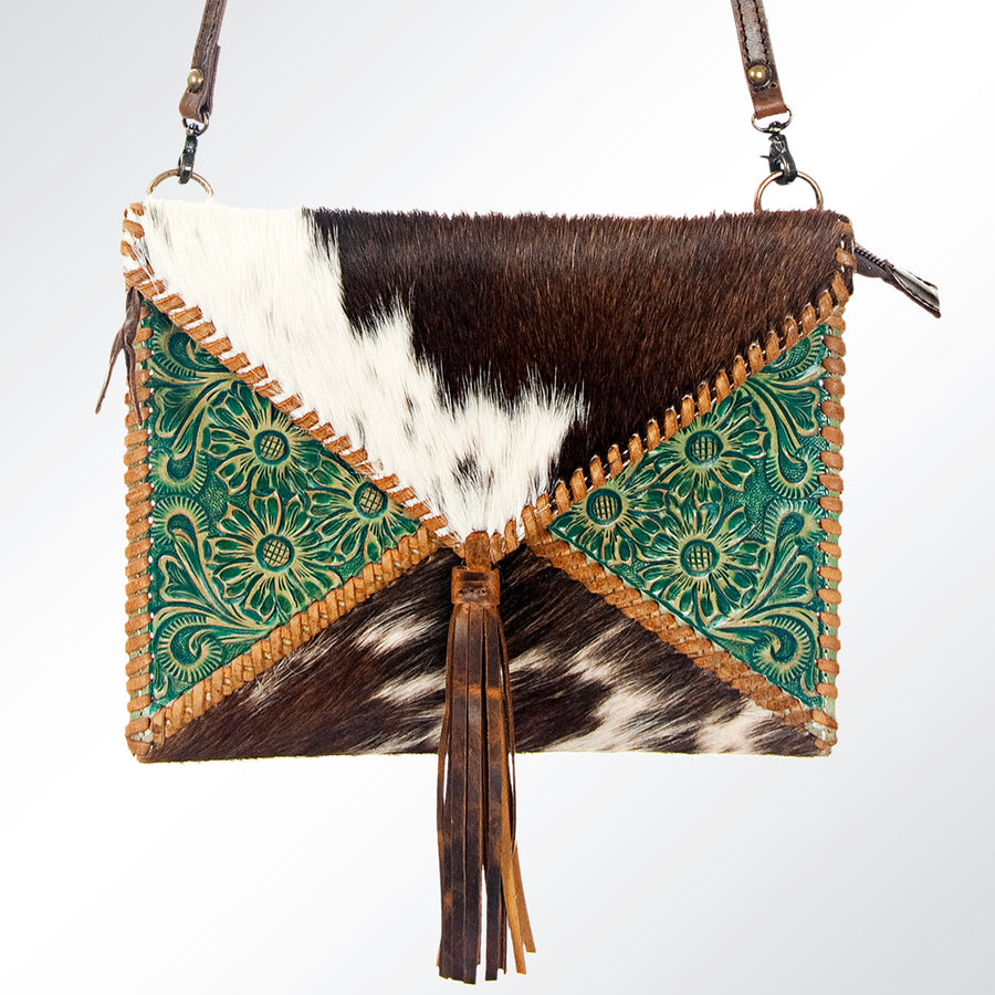 American Darling Envelop Bag Hand Tooled Floral Carved Hair-On Cowhide Genuine Leather Purse Fringes with YKK Zipper