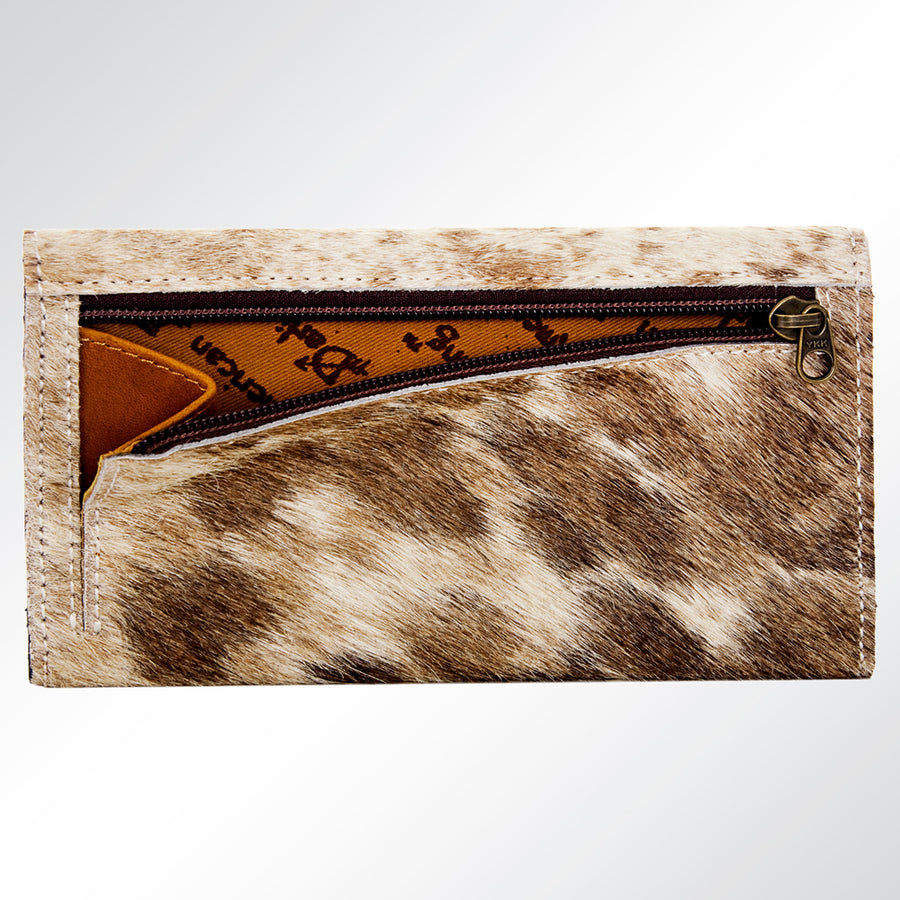 American Darling Wallet Bag Hand Tooled Floral Carved Panel Hair-On Cowhide Leather Purse with YKK Zipper