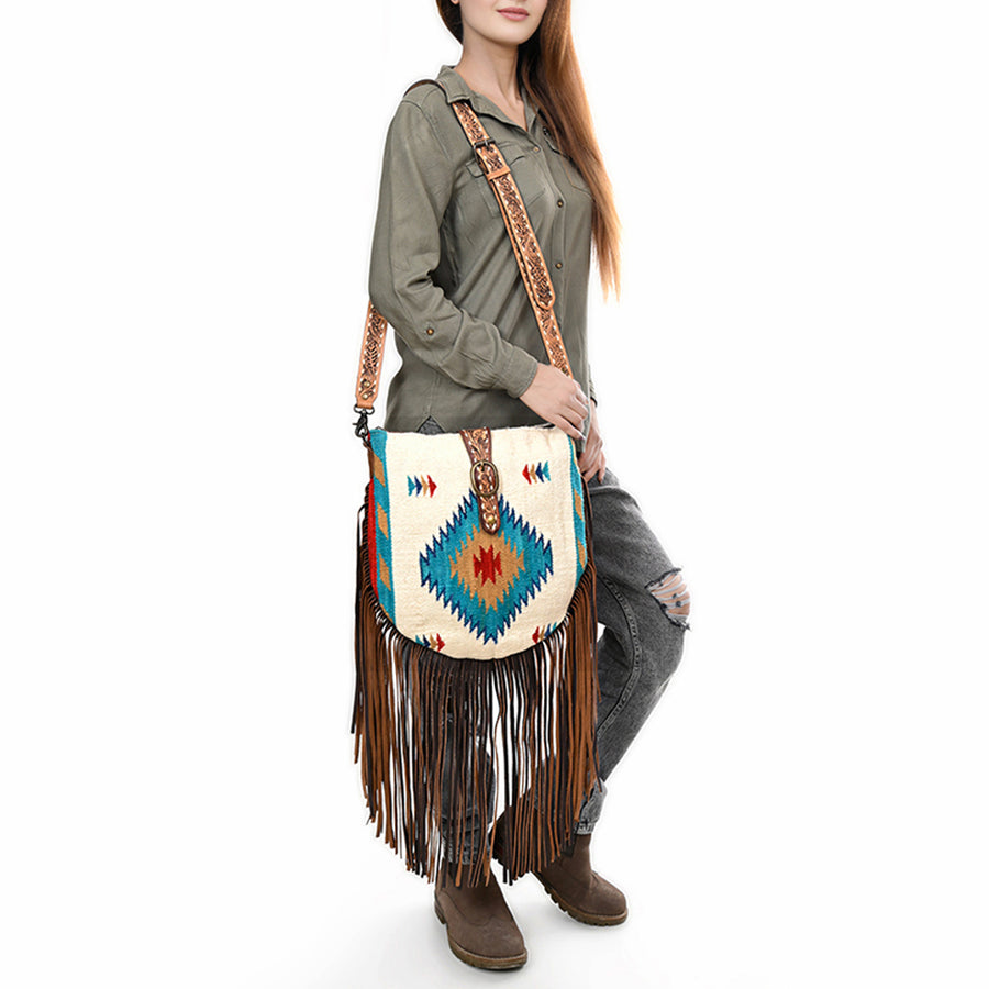 American Darling Large Cross body Bag Hand Crafted Woven Saddle Blanket Leather Purse Fringes Buck stitched YKK Zipper