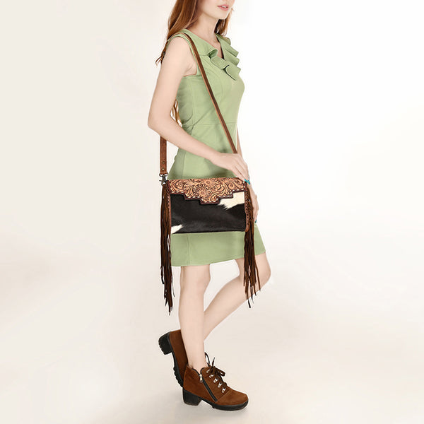Borsa A Triangolo In Pelle Floreale American Darling - Marrone - Artigianale Con Frange