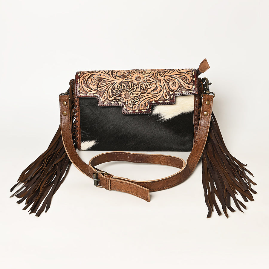 American Darling Small Cross body Bag Hand Tooled Floral Carved Hair-On Cowhide Leather Purse Fringes Buck stitched YKK Zipper