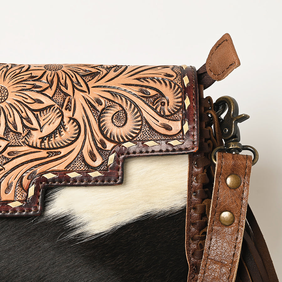 American Darling Small Cross body Bag Hand Tooled Floral Carved Hair-On Cowhide Leather Purse Fringes Buck stitched YKK Zipper