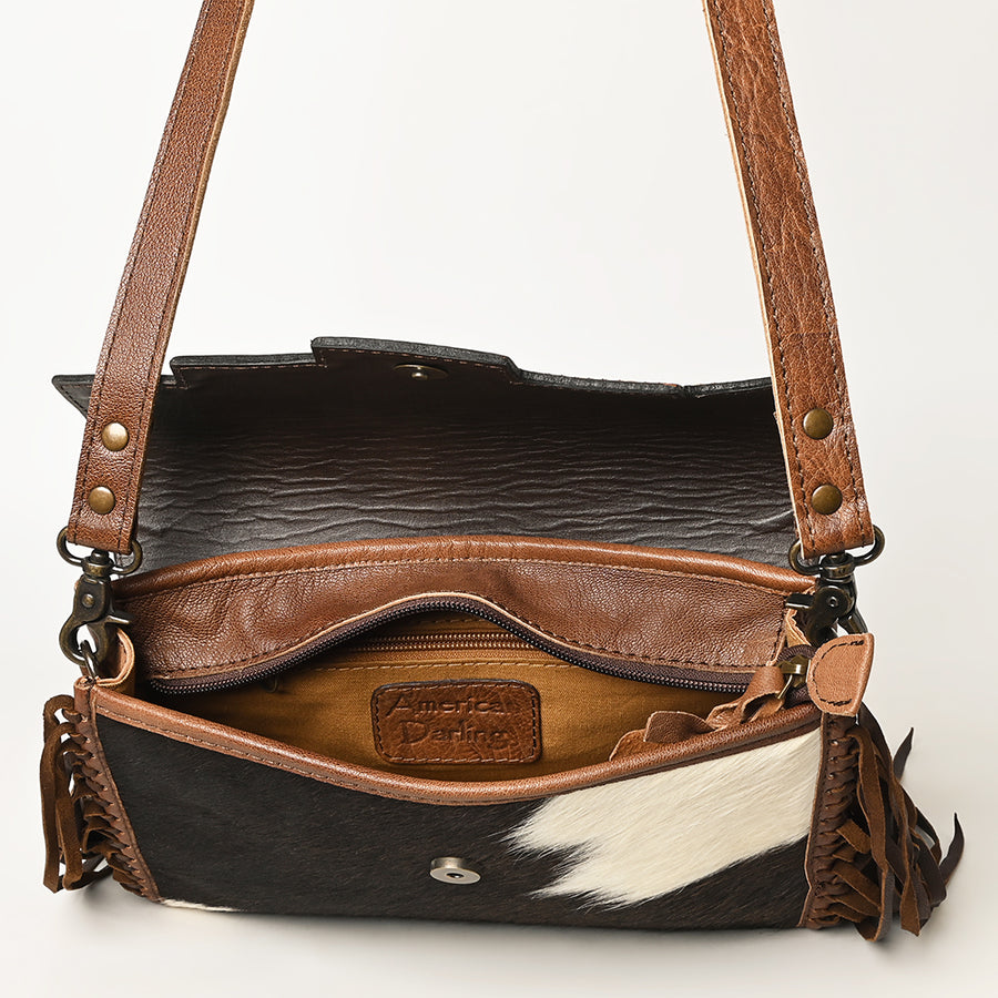 American Darling Small Cross body Bag Hand Tooled Floral Carved Hair-On Cowhide Leather Purse Fringes Buck stitched YKK Zipper