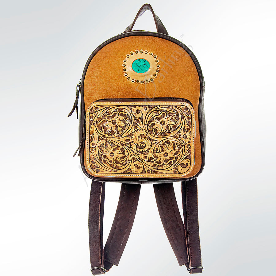 American Darling Backpack Hand Tooled Floral Carved Genuine Leather Western Rucksack Turquoise Concho YKK Zipper