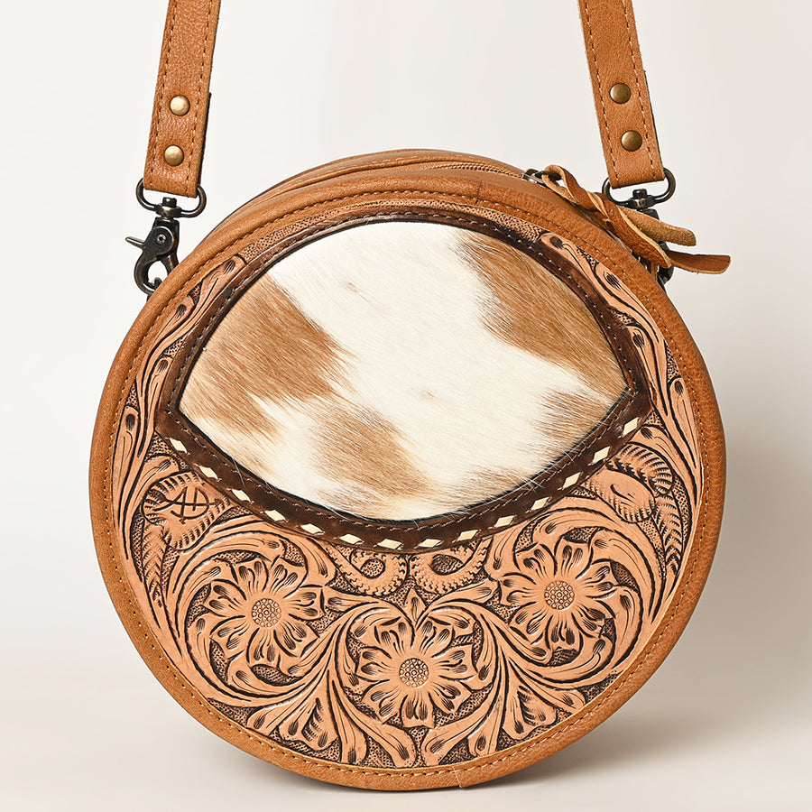 American Darling Canteen Bag Hand Tooled Floral Carved Hair-On Cowhide Genuine Leather Purse Buck stitched YKK Zipper