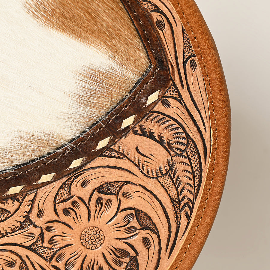 American Darling Canteen Bag Hand Tooled Floral Carved Hair-On Cowhide Genuine Leather Purse Buck stitched YKK Zipper
