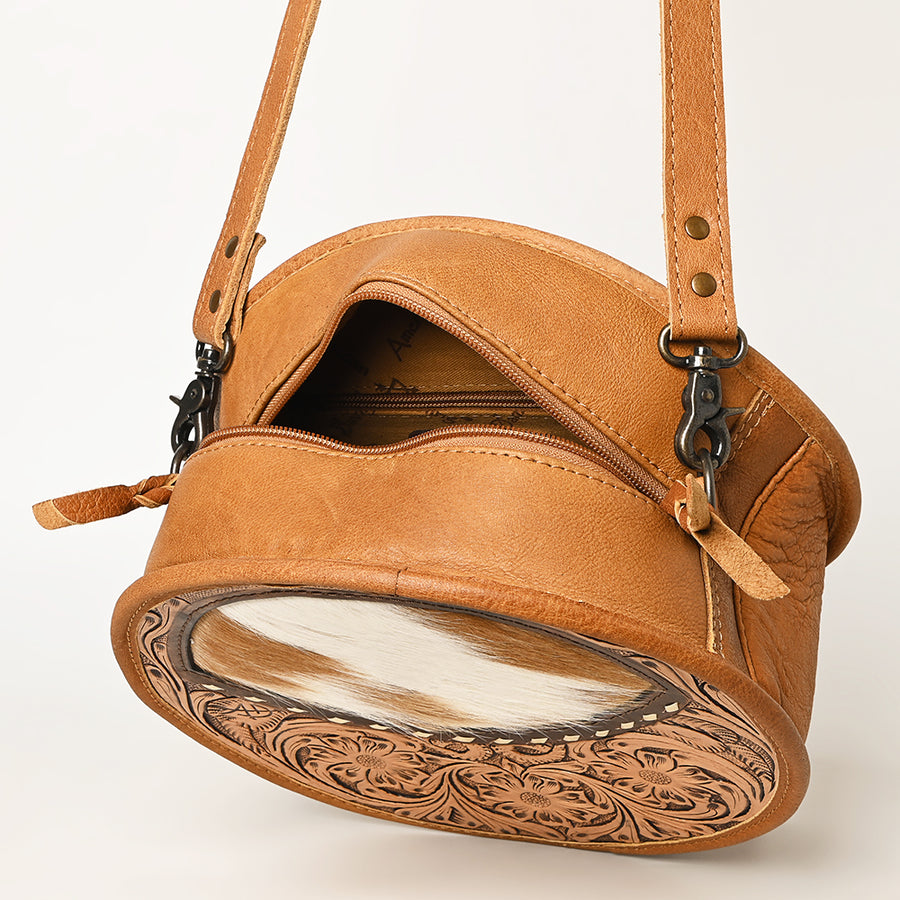 American Darling Canteen Bag Hand Tooled Floral Carved Hair-On Cowhide Genuine Leather Purse Buck stitched YKK Zipper