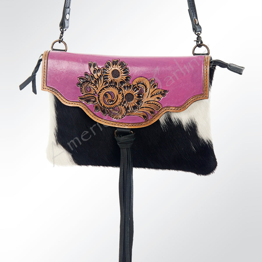 American Darling Wallet Bag Hand Tooled Floral Carved Hair-On Cowhide Genuine Leather Purse with YKK Zipper