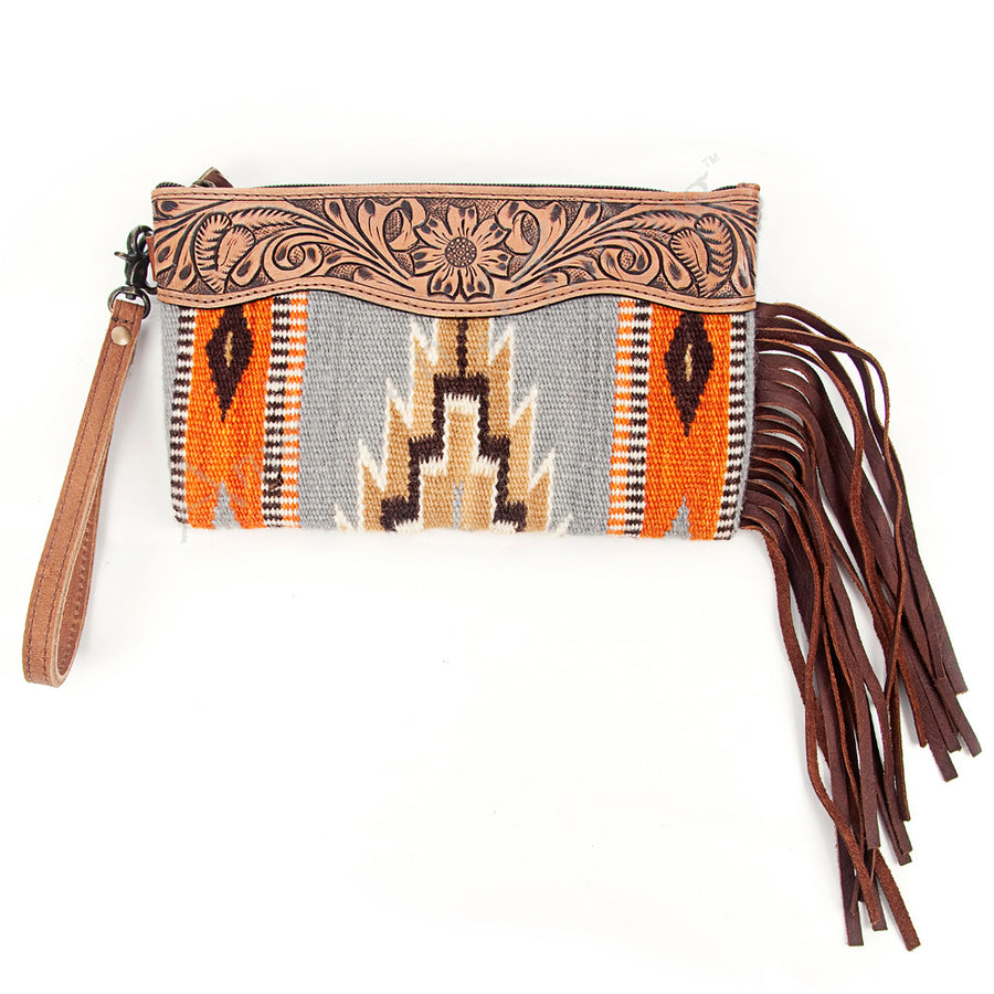 American Darling Hand Tooled Western Leather Wristlet Bag with Fringes and Woven Saddle Blanket - Uhorse