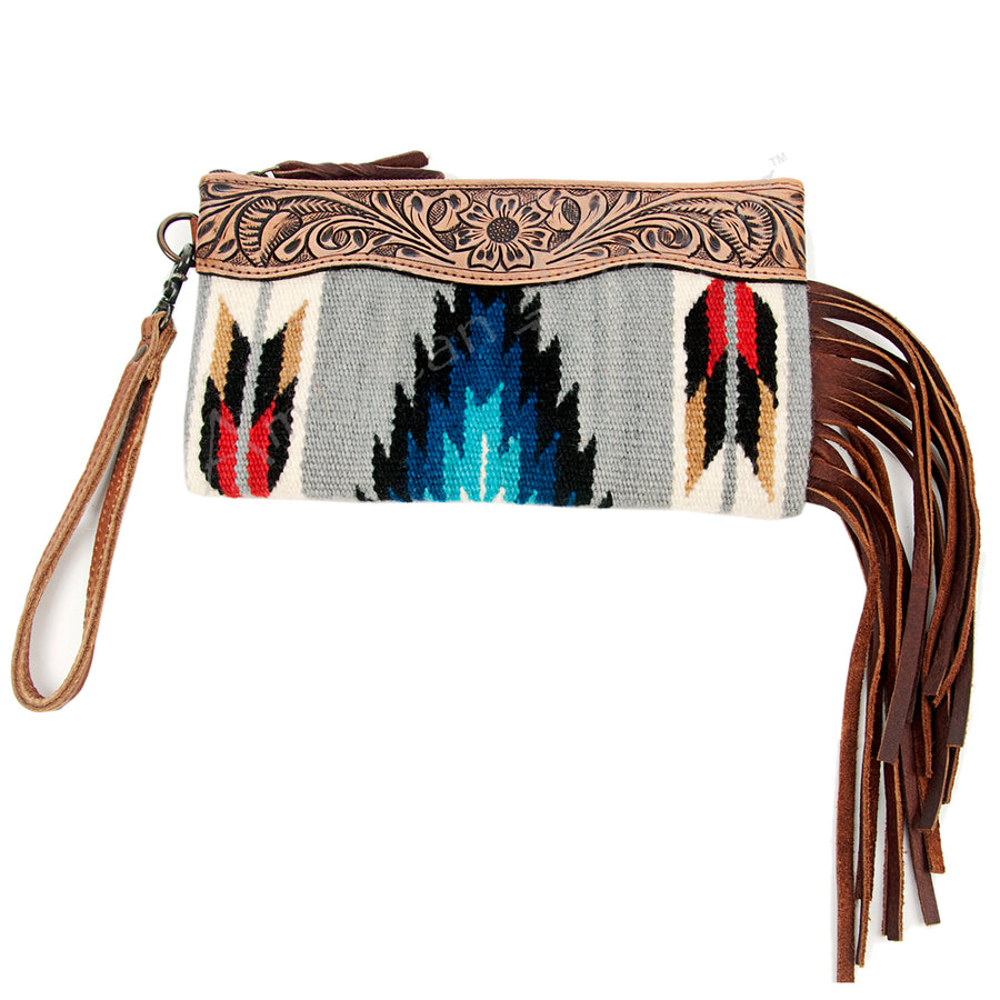 American Darling Hand Tooled Western Leather Wristlet Bag with Fringes and Woven Saddle Blanket - Uhorse