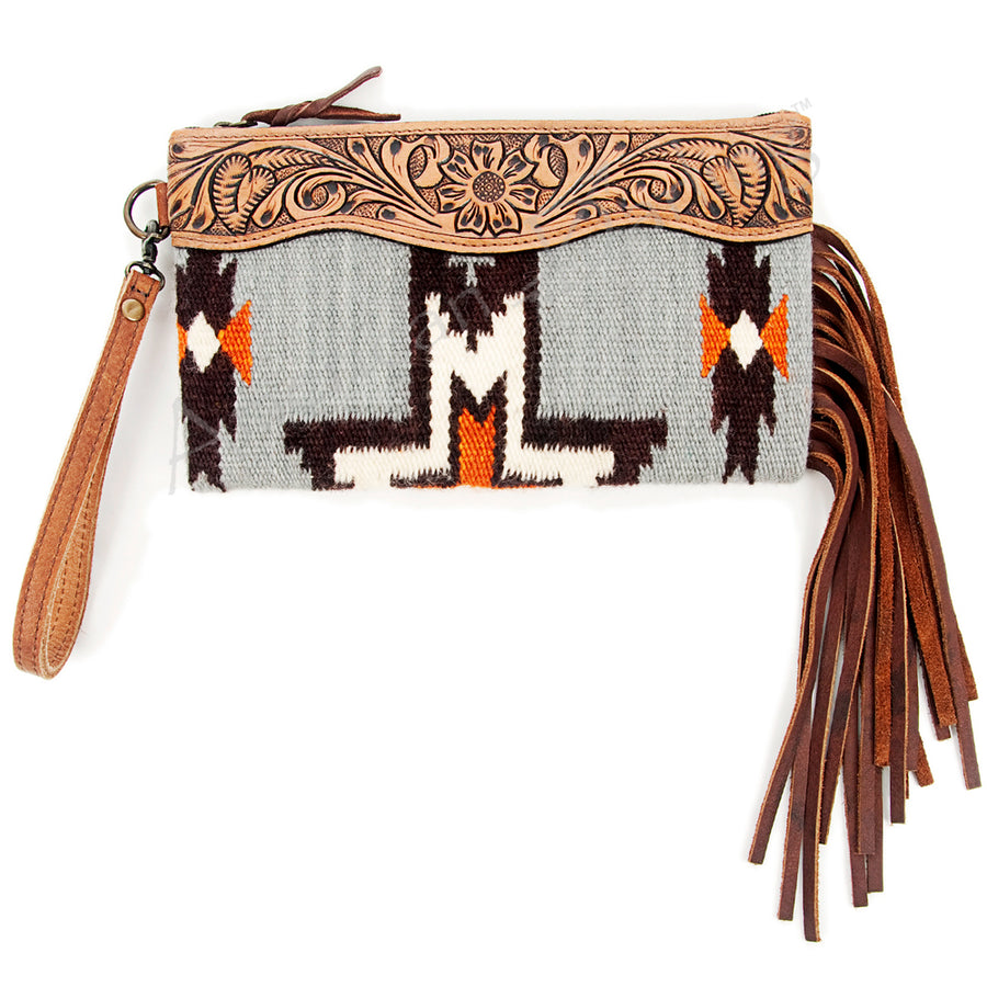 American Darling Hand Tooled Western Leather Wristlet Bag with Fringes and Woven Saddle Blanket - Uhorse