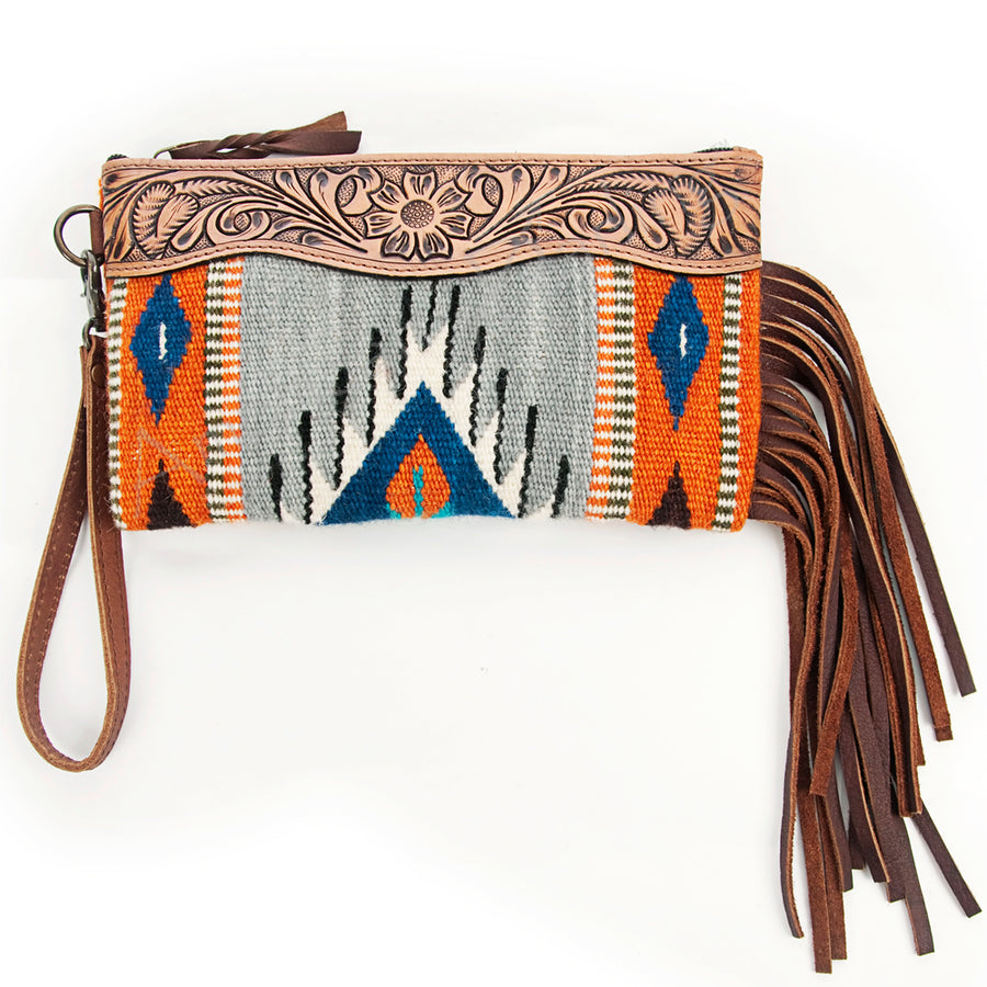 American Darling Hand Tooled Western Leather Wristlet Bag with Fringes and Woven Saddle Blanket - Uhorse