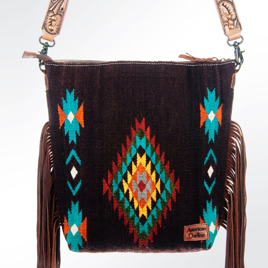 American Darling Signature Cross Body Bag Hand Tooled Floral Carved Leather Woven Saddle Blanket Fringes Genuine Leather