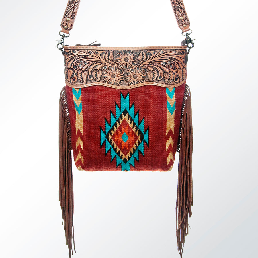 American Darling Signature Cross Body Bag Hand Tooled Floral Carved Leather Woven Saddle Blanket Fringes Genuine Leather