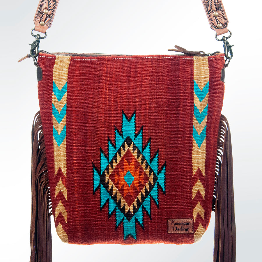 American Darling Signature Cross Body Bag Hand Tooled Floral Carved Leather Woven Saddle Blanket Fringes Genuine Leather