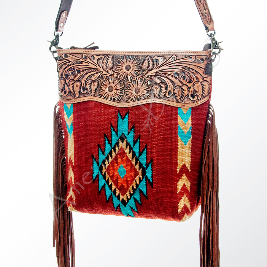 American Darling Cross body Bag - Hand Tooled Floral Leather and Woven Saddle Blanket - Uhorse