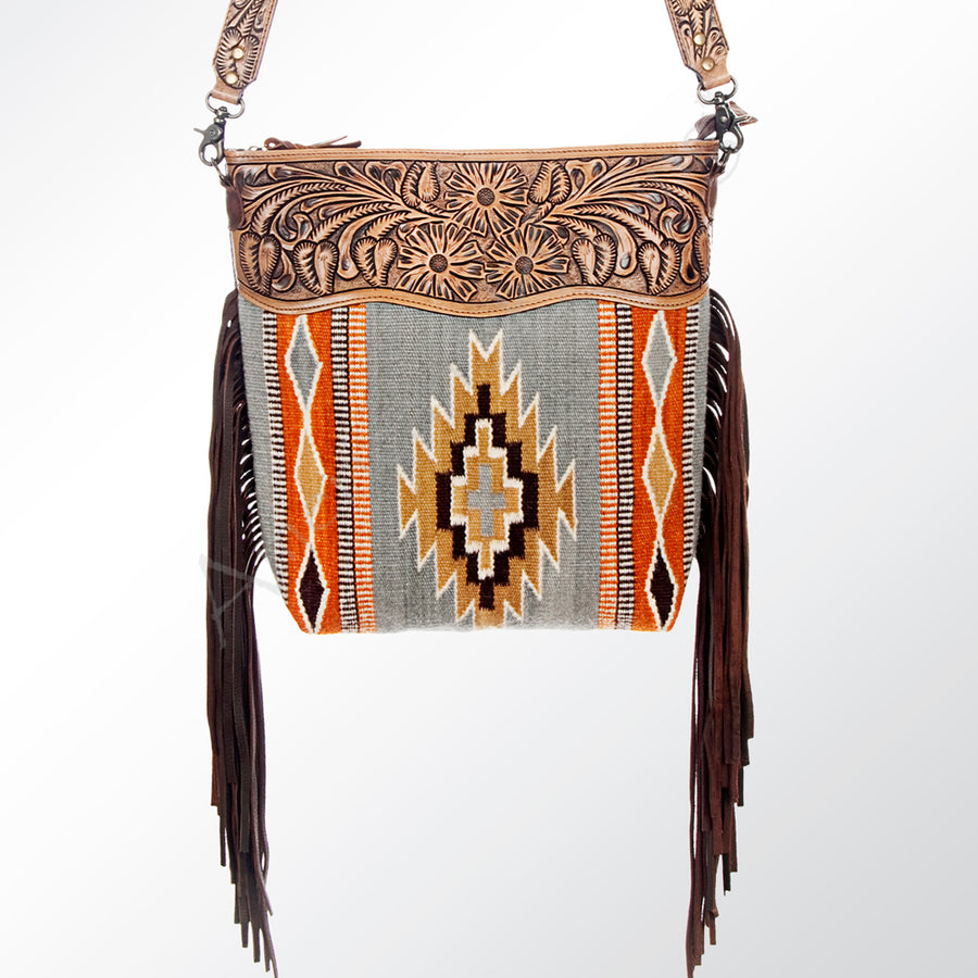American Darling Signature Cross Body Bag Hand Tooled Floral Carved Leather Woven Saddle Blanket Fringes Genuine Leather