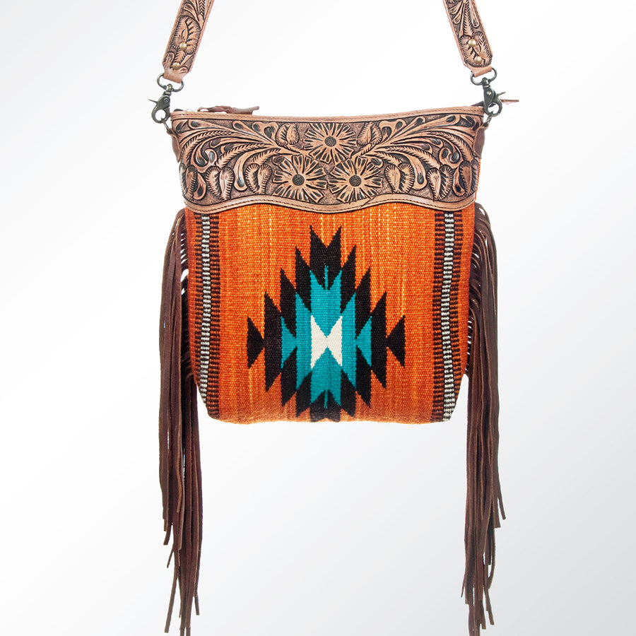 American Darling Signature Cross Body Bag Hand Tooled Floral Carved Leather Woven Saddle Blanket Fringes Genuine Leather
