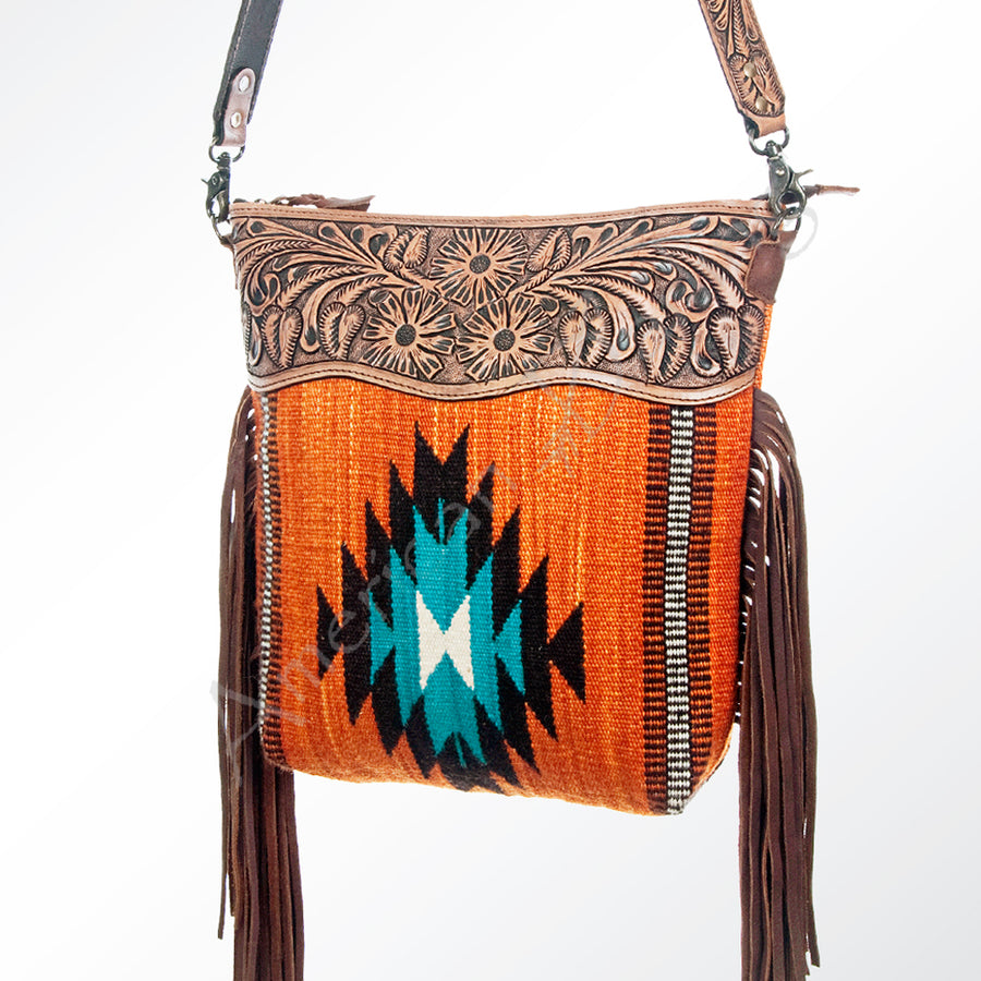American Darling Cross body Bag - Hand Tooled Floral Leather and Woven Saddle Blanket - Uhorse