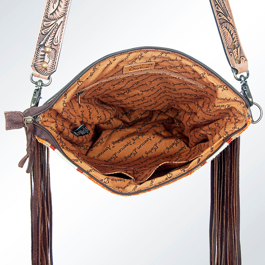American Darling Signature Cross Body Bag Hand Tooled Floral Carved Leather Woven Saddle Blanket Fringes Genuine Leather