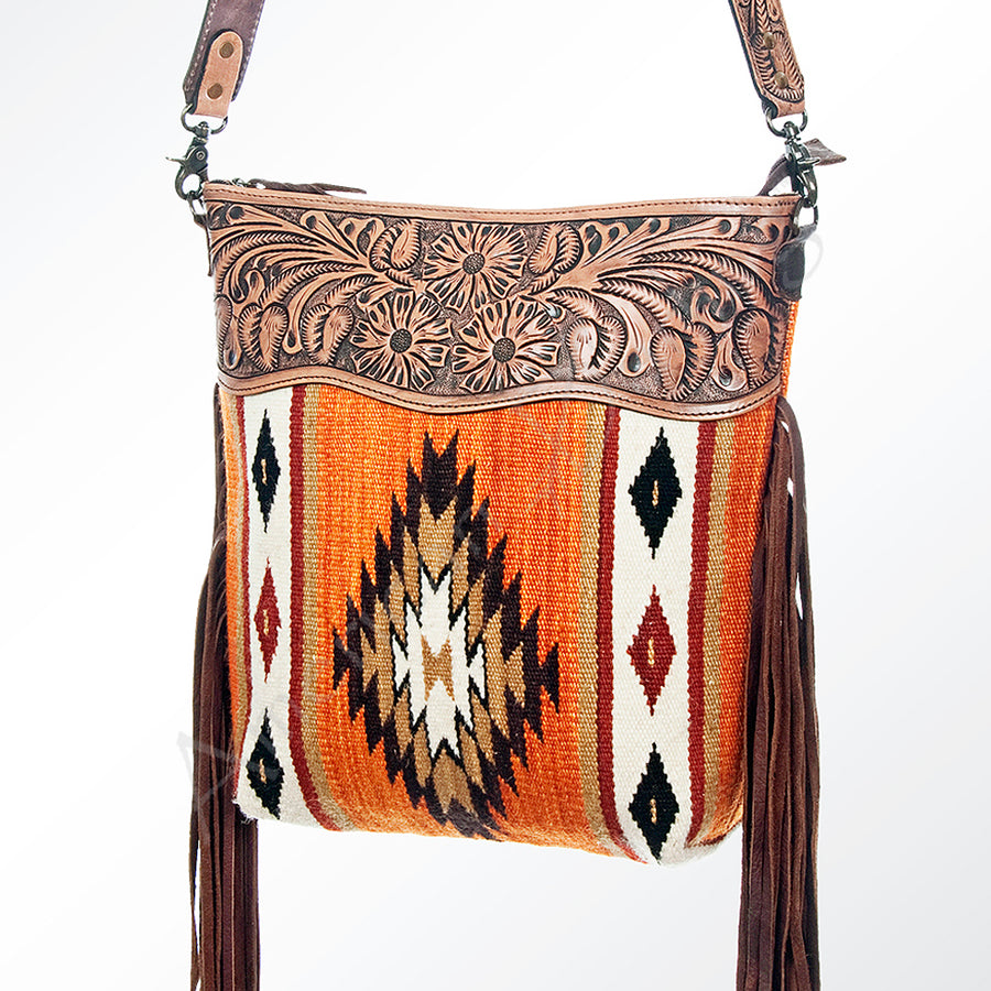American Darling Hand Tooled Floral and Hand Woven Saddle Blanket Signature Cross Body Bag - Uhorse