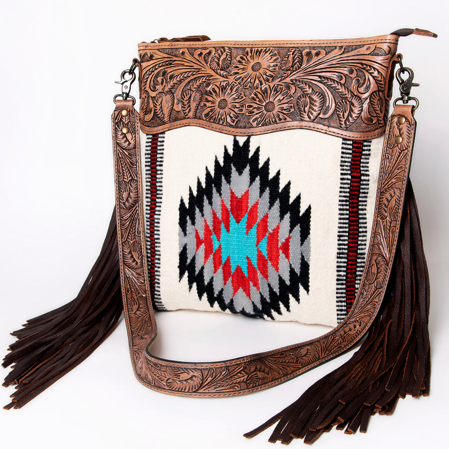 American Darling Hand Tooled Floral and Hand Woven Saddle Blanket Signature Cross Body Bag - Uhorse