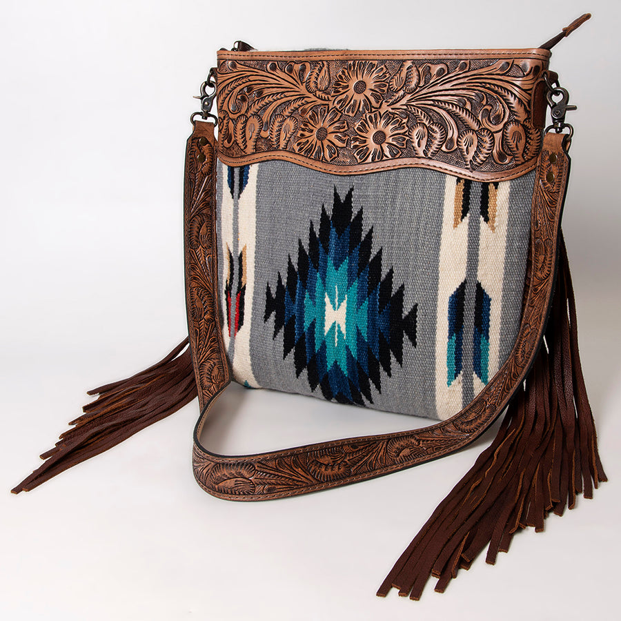 American Darling Hand Tooled Floral and Hand Woven Saddle Blanket Signature Cross Body Bag - Uhorse