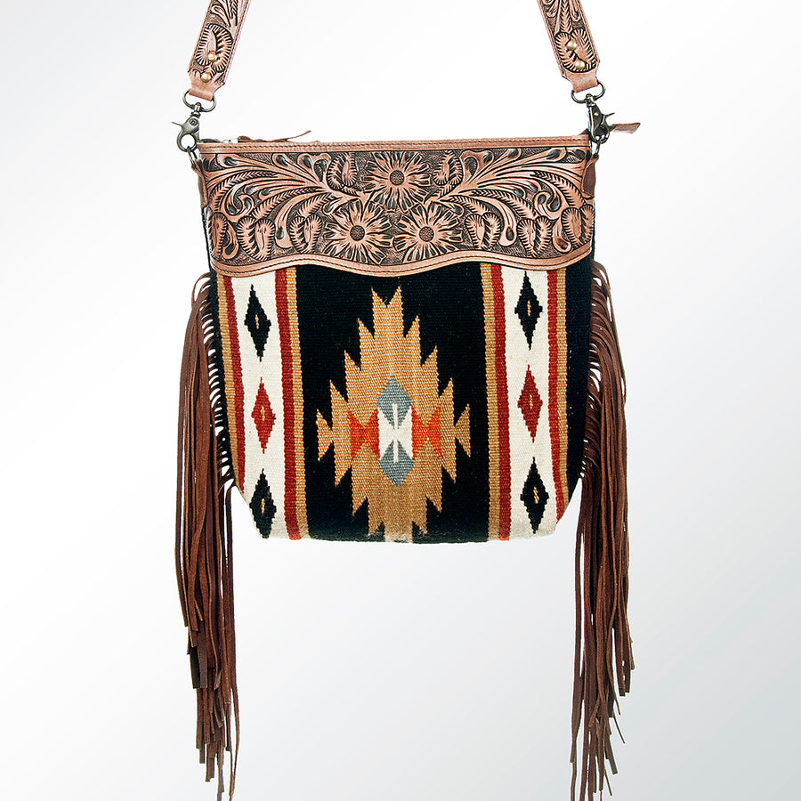 American Darling Signature Cross Body Bag Hand Tooled Floral Carved Leather Woven Saddle Blanket Fringes Genuine Leather