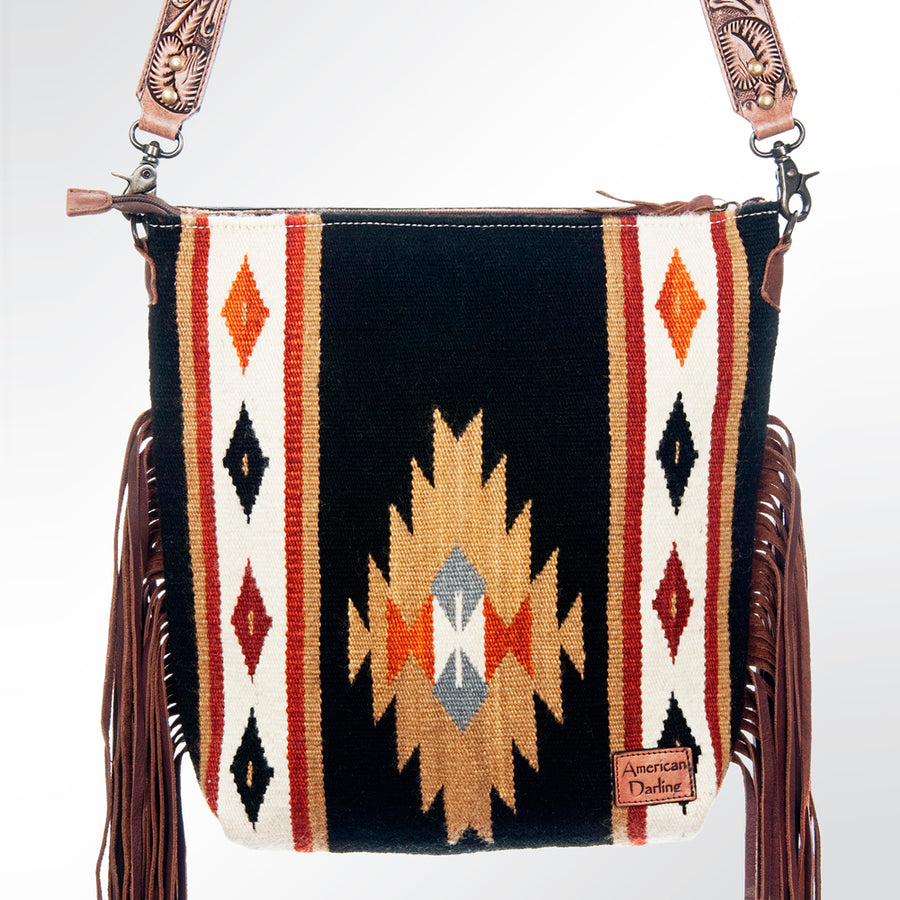 American Darling Signature Cross Body Bag Hand Tooled Floral Carved Leather Woven Saddle Blanket Fringes Genuine Leather