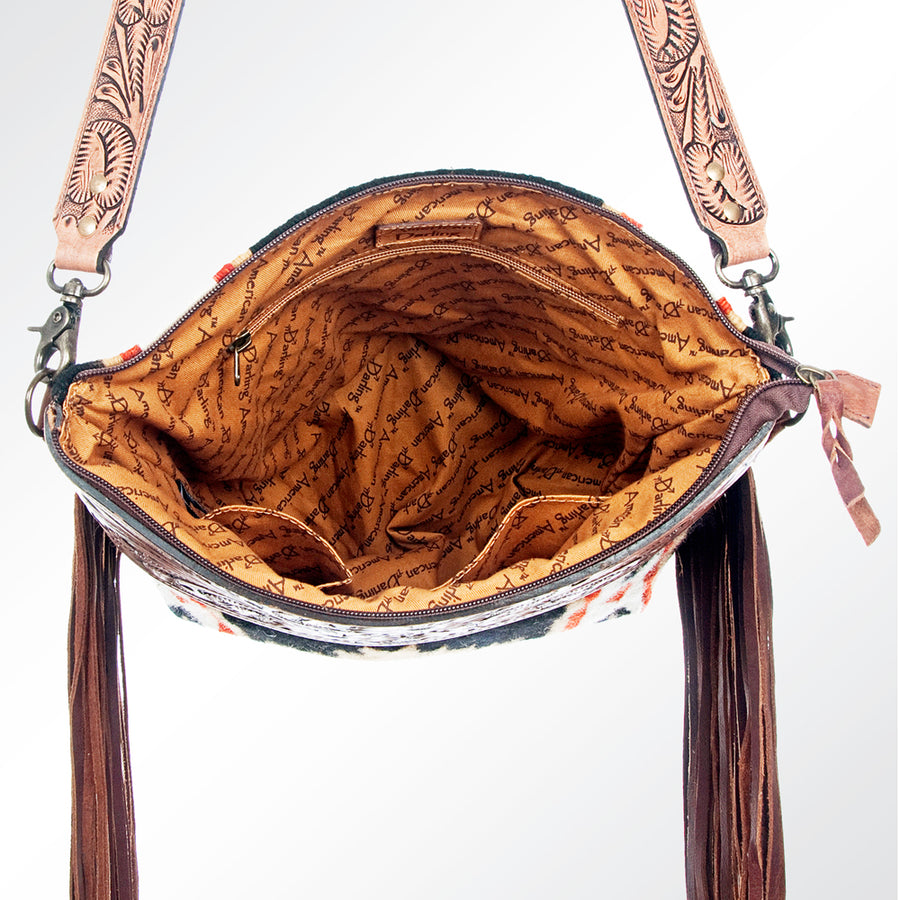 American Darling Signature Cross Body Bag Hand Tooled Floral Carved Leather Woven Saddle Blanket Fringes Genuine Leather