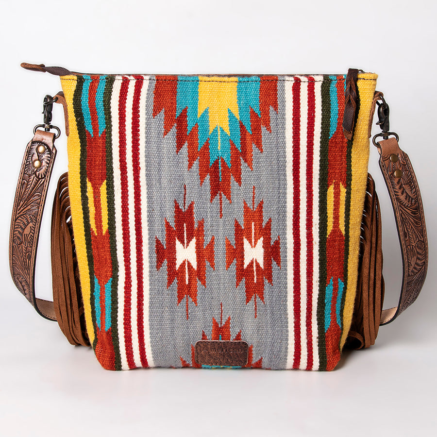 American Darling Signature Cross Body Bag Hand Tooled Floral Carved Leather Woven Saddle Blanket Fringes Genuine Leather